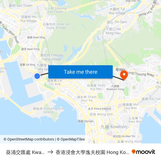 葵涌交匯處 Kwai Chung Interchange to 香港浸會大學逸夫校園 Hong Kong Baptist University Shaw Campus map