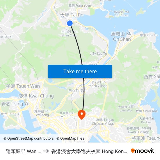 運頭塘邨 Wan Tau Tong Estate to 香港浸會大學逸夫校園 Hong Kong Baptist University Shaw Campus map