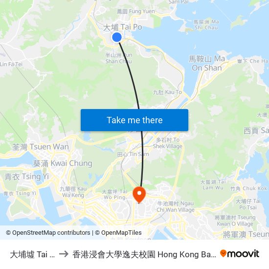 大埔墟 Tai Po Market to 香港浸會大學逸夫校園 Hong Kong Baptist University Shaw Campus map