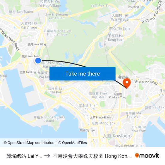 麗瑤總站 Lai Yiu Bus Terminus to 香港浸會大學逸夫校園 Hong Kong Baptist University Shaw Campus map