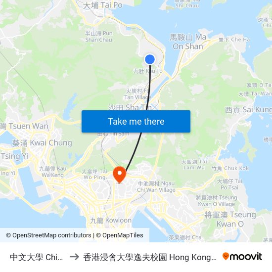 中文大學 Chinese University to 香港浸會大學逸夫校園 Hong Kong Baptist University Shaw Campus map