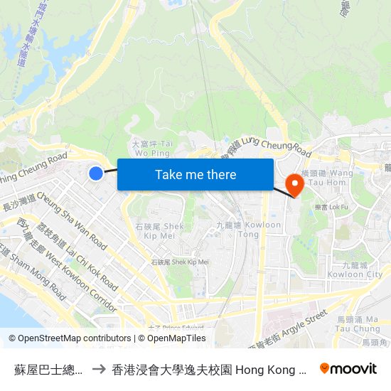 蘇屋巴士總站 So Uk B/T to 香港浸會大學逸夫校園 Hong Kong Baptist University Shaw Campus map