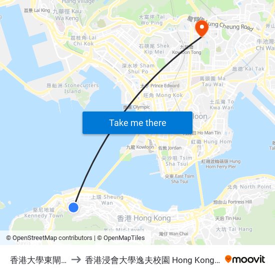 香港大學東閘 Hku East Gate to 香港浸會大學逸夫校園 Hong Kong Baptist University Shaw Campus map