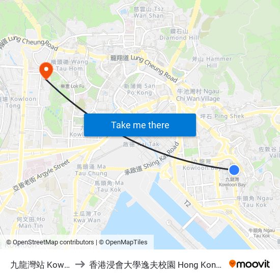 九龍灣站 Kowloon Bay Station to 香港浸會大學逸夫校園 Hong Kong Baptist University Shaw Campus map