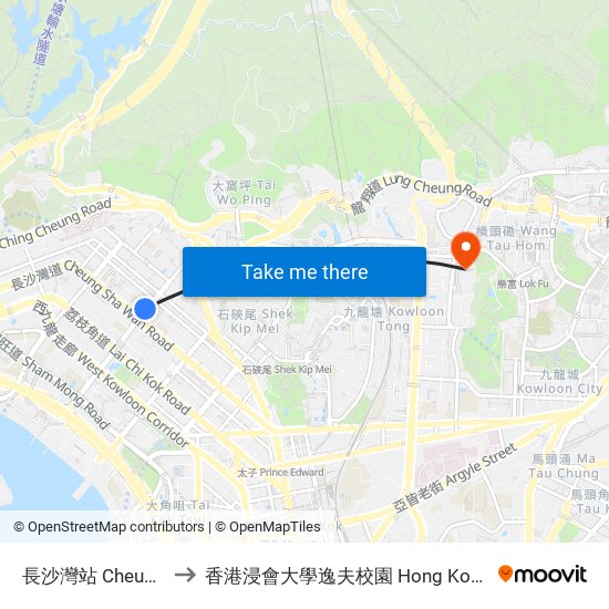 長沙灣站 Cheung Sha Wan Station to 香港浸會大學逸夫校園 Hong Kong Baptist University Shaw Campus map