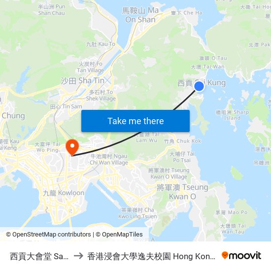 西貢大會堂 Sai Kung Town Hall to 香港浸會大學逸夫校園 Hong Kong Baptist University Shaw Campus map
