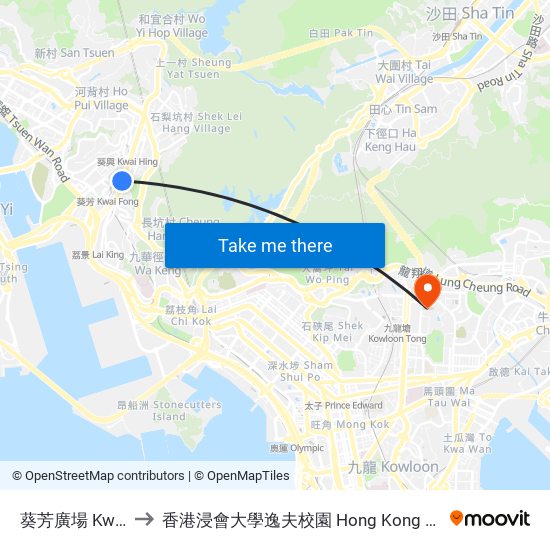 葵芳廣場 Kwai Fong Plaza to 香港浸會大學逸夫校園 Hong Kong Baptist University Shaw Campus map