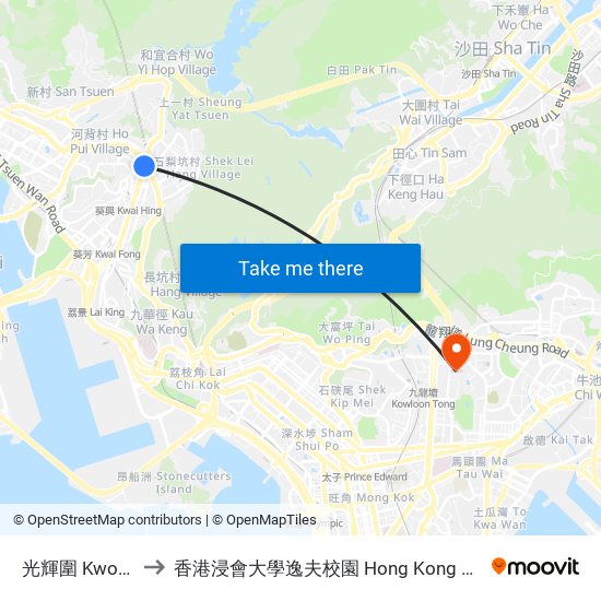 光輝圍 Kwong Fai Circuit to 香港浸會大學逸夫校園 Hong Kong Baptist University Shaw Campus map
