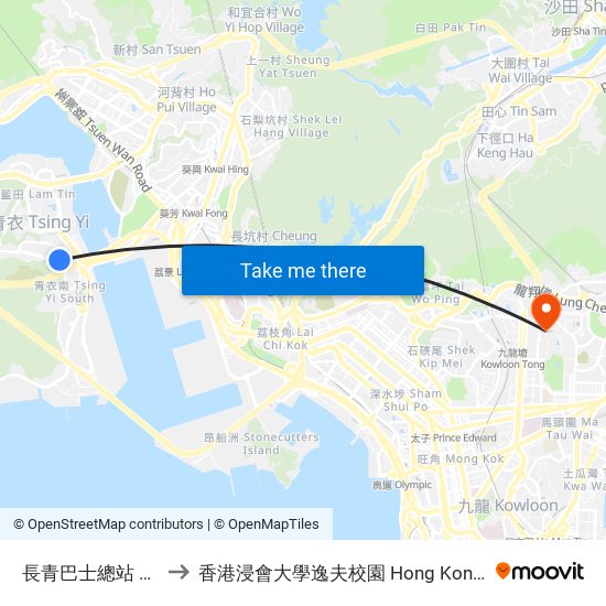 長青巴士總站 Cheung Ching B/T to 香港浸會大學逸夫校園 Hong Kong Baptist University Shaw Campus map