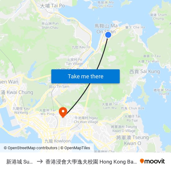 新港城 Sunshine City to 香港浸會大學逸夫校園 Hong Kong Baptist University Shaw Campus map