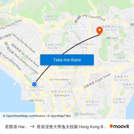君匯港 Harbour Green to 香港浸會大學逸夫校園 Hong Kong Baptist University Shaw Campus map