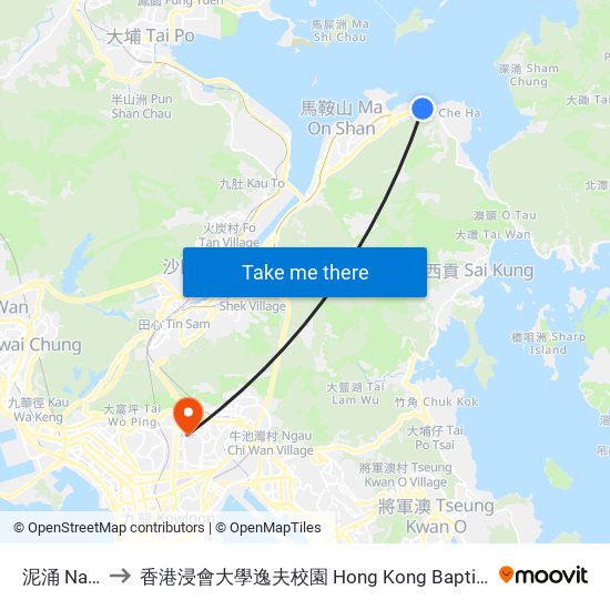 泥涌 Nai Chung to 香港浸會大學逸夫校園 Hong Kong Baptist University Shaw Campus map