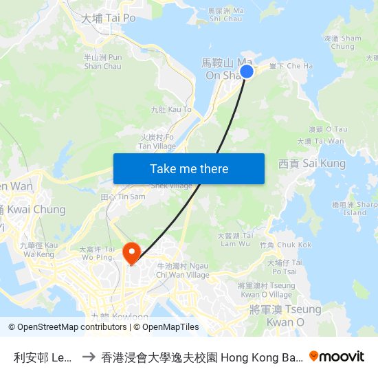 利安邨 Lee on Estate to 香港浸會大學逸夫校園 Hong Kong Baptist University Shaw Campus map