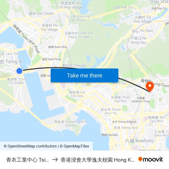 青衣工業中心 Tsing Yi Industrial Centre to 香港浸會大學逸夫校園 Hong Kong Baptist University Shaw Campus map