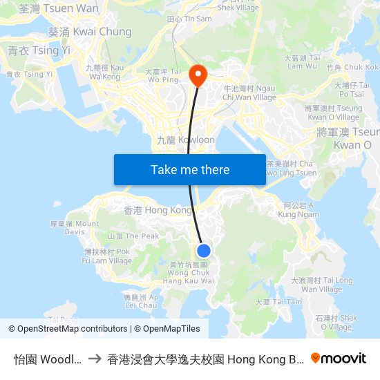 怡園 Woodland Heights to 香港浸會大學逸夫校園 Hong Kong Baptist University Shaw Campus map
