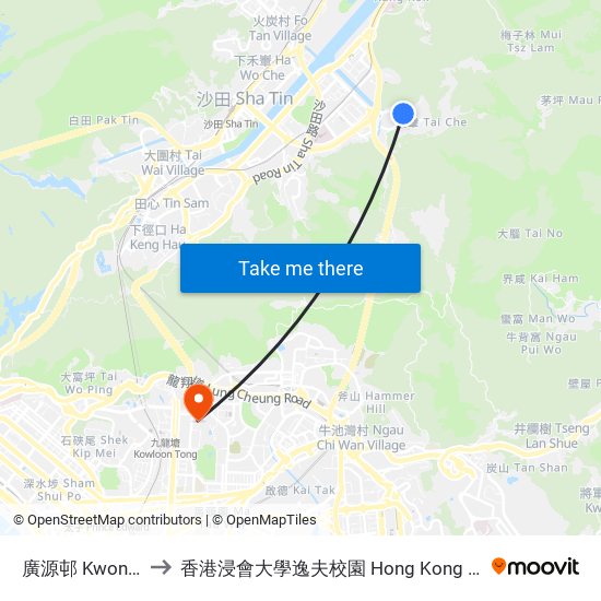 廣源邨 Kwong Yuen Estate to 香港浸會大學逸夫校園 Hong Kong Baptist University Shaw Campus map