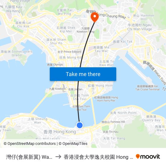 灣仔(會展新翼) Wan Chai (Convention Centre) to 香港浸會大學逸夫校園 Hong Kong Baptist University Shaw Campus map