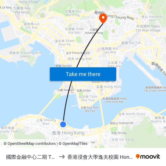 國際金融中心二期 Two International Finance Centre to 香港浸會大學逸夫校園 Hong Kong Baptist University Shaw Campus map