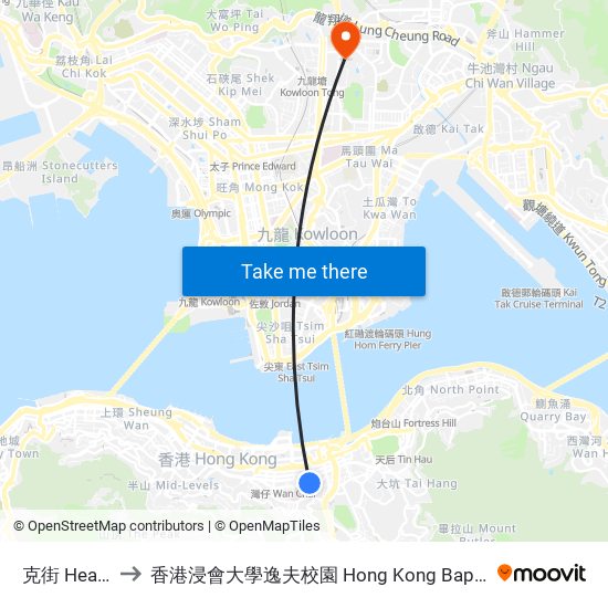 克街 Heard Street to 香港浸會大學逸夫校園 Hong Kong Baptist University Shaw Campus map