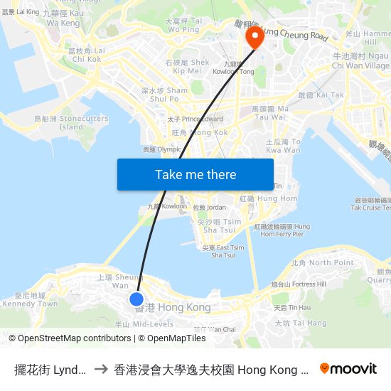 擺花街 Lyndhurst Terrace to 香港浸會大學逸夫校園 Hong Kong Baptist University Shaw Campus map