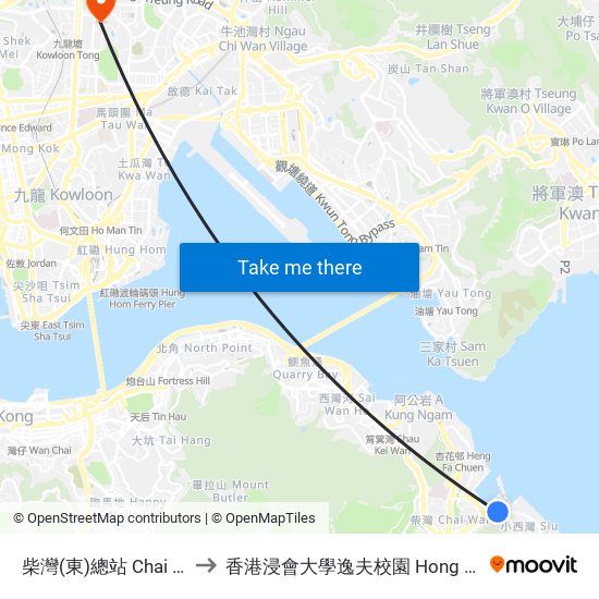 柴灣(東)總站 Chai Wan (East) Bus Terminus to 香港浸會大學逸夫校園 Hong Kong Baptist University Shaw Campus map