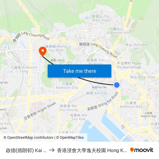 啟德(德朗邨) Kai Tak (Tak Long Estate) to 香港浸會大學逸夫校園 Hong Kong Baptist University Shaw Campus map