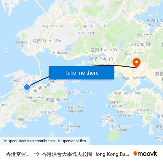 香港空運貨站 Hactl to 香港浸會大學逸夫校園 Hong Kong Baptist University Shaw Campus map