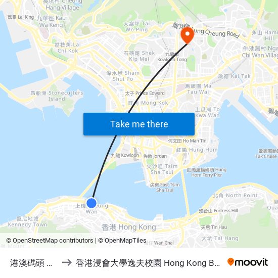 港澳碼頭 Macau Ferry to 香港浸會大學逸夫校園 Hong Kong Baptist University Shaw Campus map