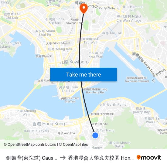 銅鑼灣(東院道) Causeway Bay (Eastern Hospital Rd) to 香港浸會大學逸夫校園 Hong Kong Baptist University Shaw Campus map