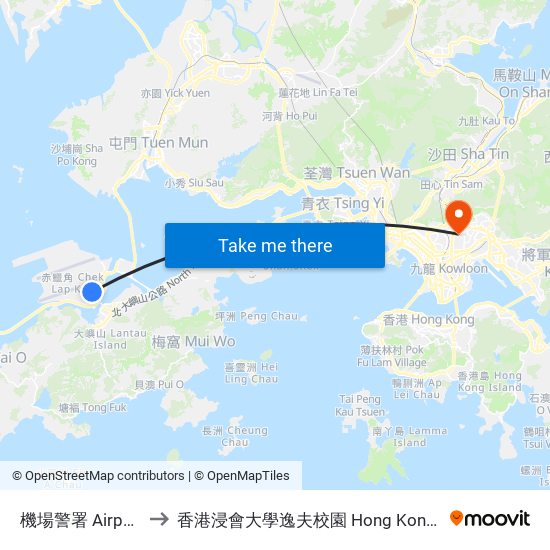 機場警署 Airport Police Station to 香港浸會大學逸夫校園 Hong Kong Baptist University Shaw Campus map