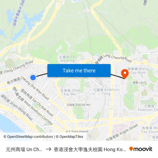元州商場 Un Chau Shopping Centre to 香港浸會大學逸夫校園 Hong Kong Baptist University Shaw Campus map