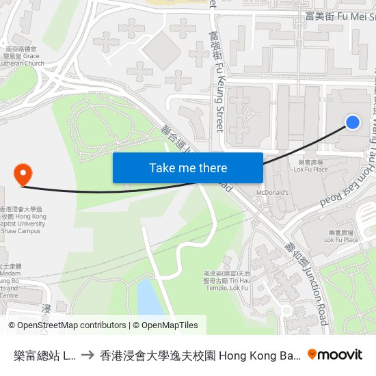 樂富總站 LOK Fu B/T to 香港浸會大學逸夫校園 Hong Kong Baptist University Shaw Campus map