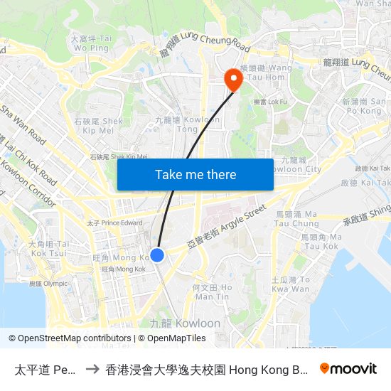 太平道 Peace Avenue to 香港浸會大學逸夫校園 Hong Kong Baptist University Shaw Campus map