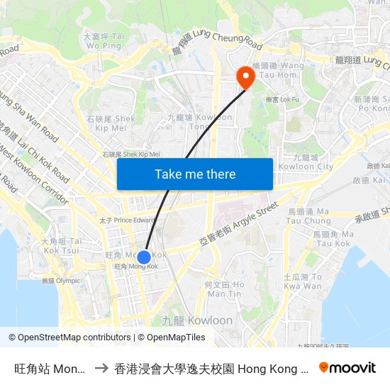 旺角站 Mong Kok Station to 香港浸會大學逸夫校園 Hong Kong Baptist University Shaw Campus map