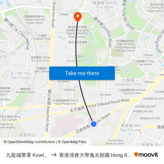 九龍城警署 Kowloon City Police Station to 香港浸會大學逸夫校園 Hong Kong Baptist University Shaw Campus map