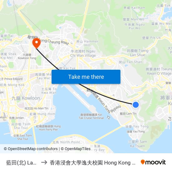 藍田(北) Lam Tin (North) to 香港浸會大學逸夫校園 Hong Kong Baptist University Shaw Campus map