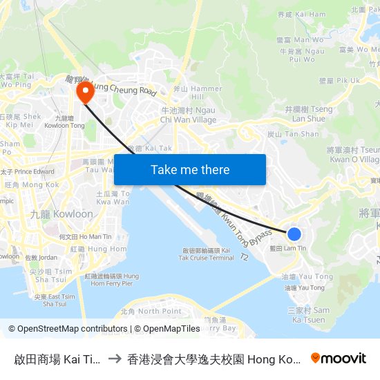 啟田商場 Kai Tin Shopping Centre to 香港浸會大學逸夫校園 Hong Kong Baptist University Shaw Campus map