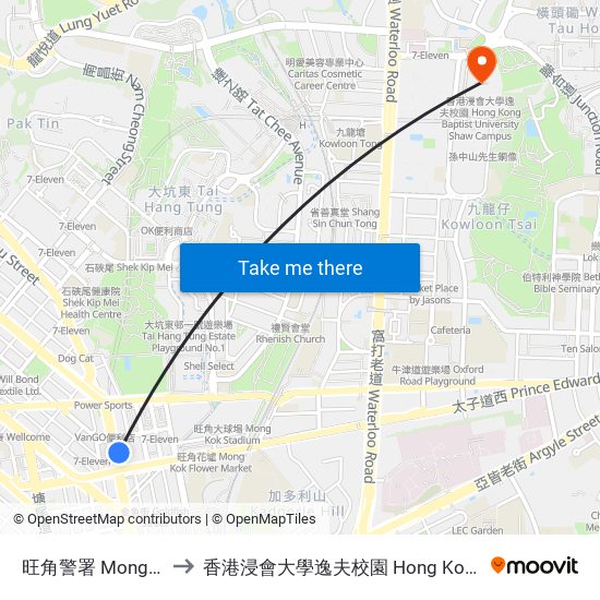 旺角警署 Mong Kok Police Station to 香港浸會大學逸夫校園 Hong Kong Baptist University Shaw Campus map