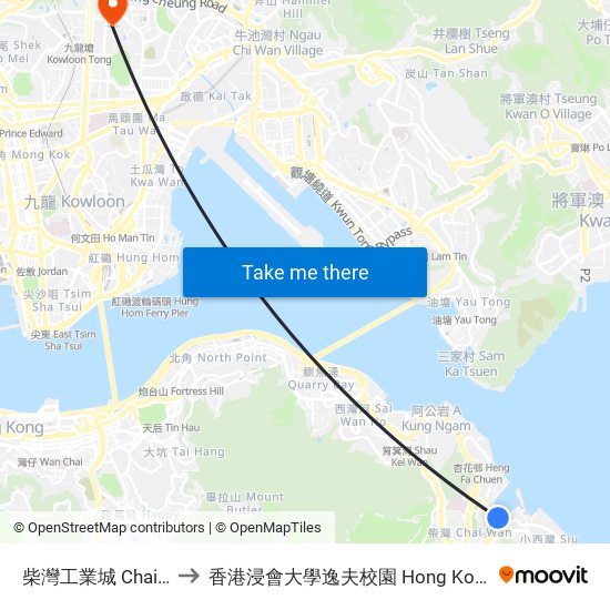 柴灣工業城 Chai Wan Industrial City to 香港浸會大學逸夫校園 Hong Kong Baptist University Shaw Campus map