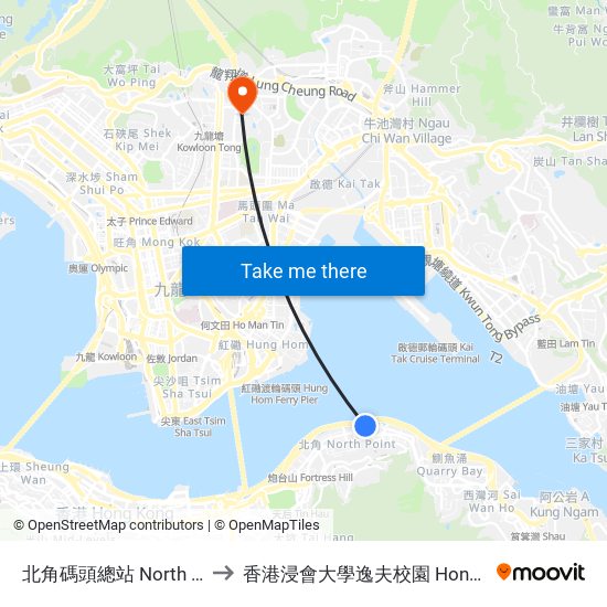 北角碼頭總站 North Point Ferry Pier Bus Terminus to 香港浸會大學逸夫校園 Hong Kong Baptist University Shaw Campus map