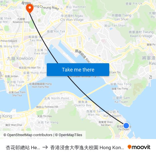 杏花邨總站 Heng Fa Chuen B/T to 香港浸會大學逸夫校園 Hong Kong Baptist University Shaw Campus map