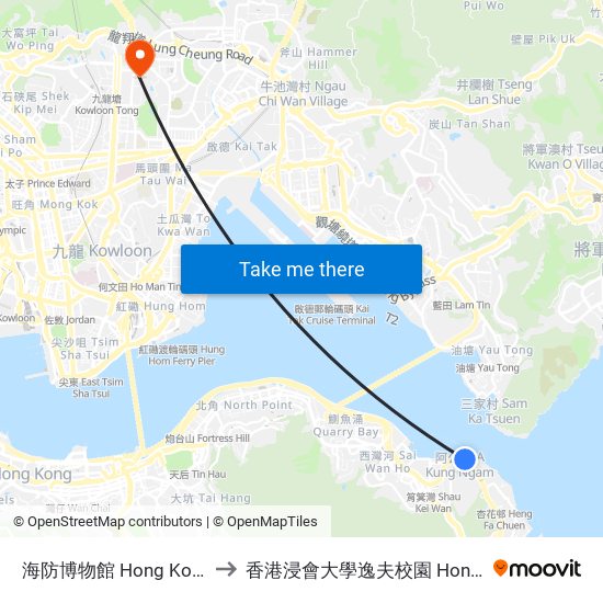 海防博物館 Hong Kong Museum Of Coastal Defence to 香港浸會大學逸夫校園 Hong Kong Baptist University Shaw Campus map