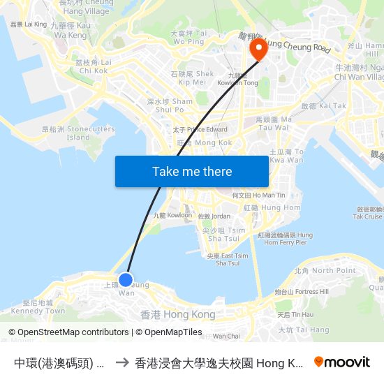 中環(港澳碼頭) Central (Macau Ferry) to 香港浸會大學逸夫校園 Hong Kong Baptist University Shaw Campus map