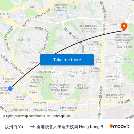 汝州街 Yu Chau Street to 香港浸會大學逸夫校園 Hong Kong Baptist University Shaw Campus map