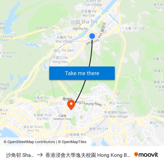 沙角邨 Sha Kok Estate to 香港浸會大學逸夫校園 Hong Kong Baptist University Shaw Campus map