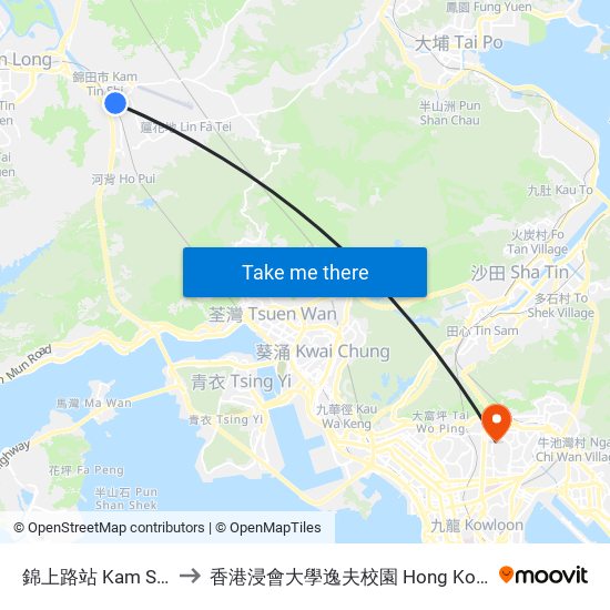 錦上路站 Kam Sheung Road Station to 香港浸會大學逸夫校園 Hong Kong Baptist University Shaw Campus map