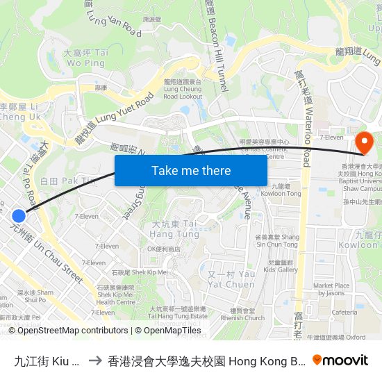九江街 Kiu Kiang Street to 香港浸會大學逸夫校園 Hong Kong Baptist University Shaw Campus map