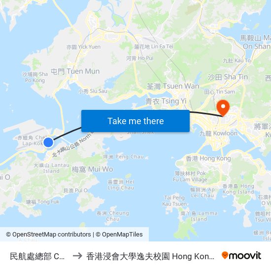 民航處總部 Cad Headquarters to 香港浸會大學逸夫校園 Hong Kong Baptist University Shaw Campus map