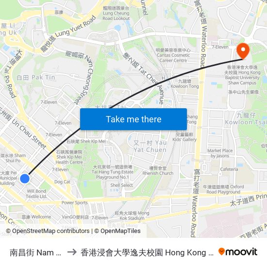南昌街 Nam Cheong Street to 香港浸會大學逸夫校園 Hong Kong Baptist University Shaw Campus map