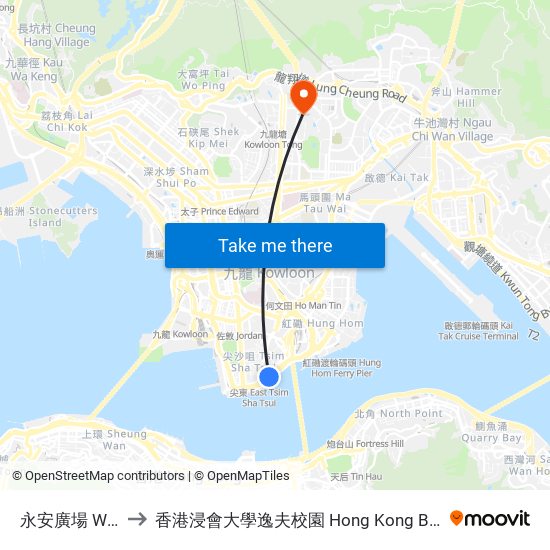 永安廣場 Wing on Plaza to 香港浸會大學逸夫校園 Hong Kong Baptist University Shaw Campus map